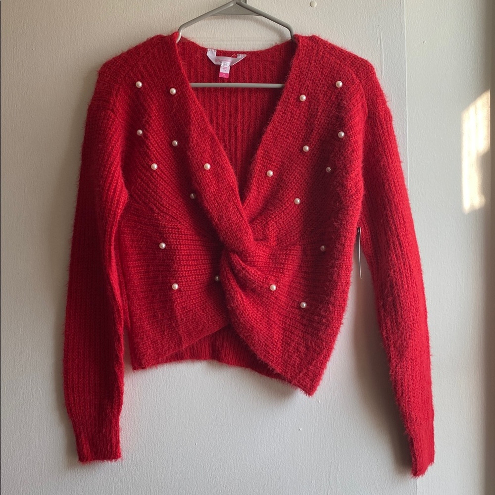 NWT Red V-Neck Sweater Pearl Details Rib Knit Knot Juniors M Holidays Gift Xmas